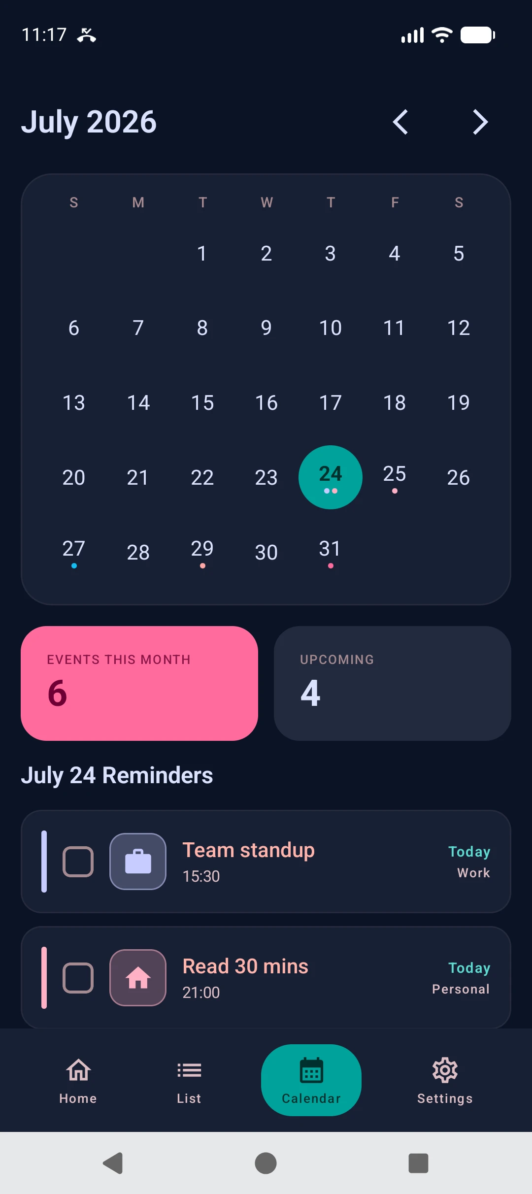 Keep Reminding calendar screen with a month view and scheduled reminder indicators