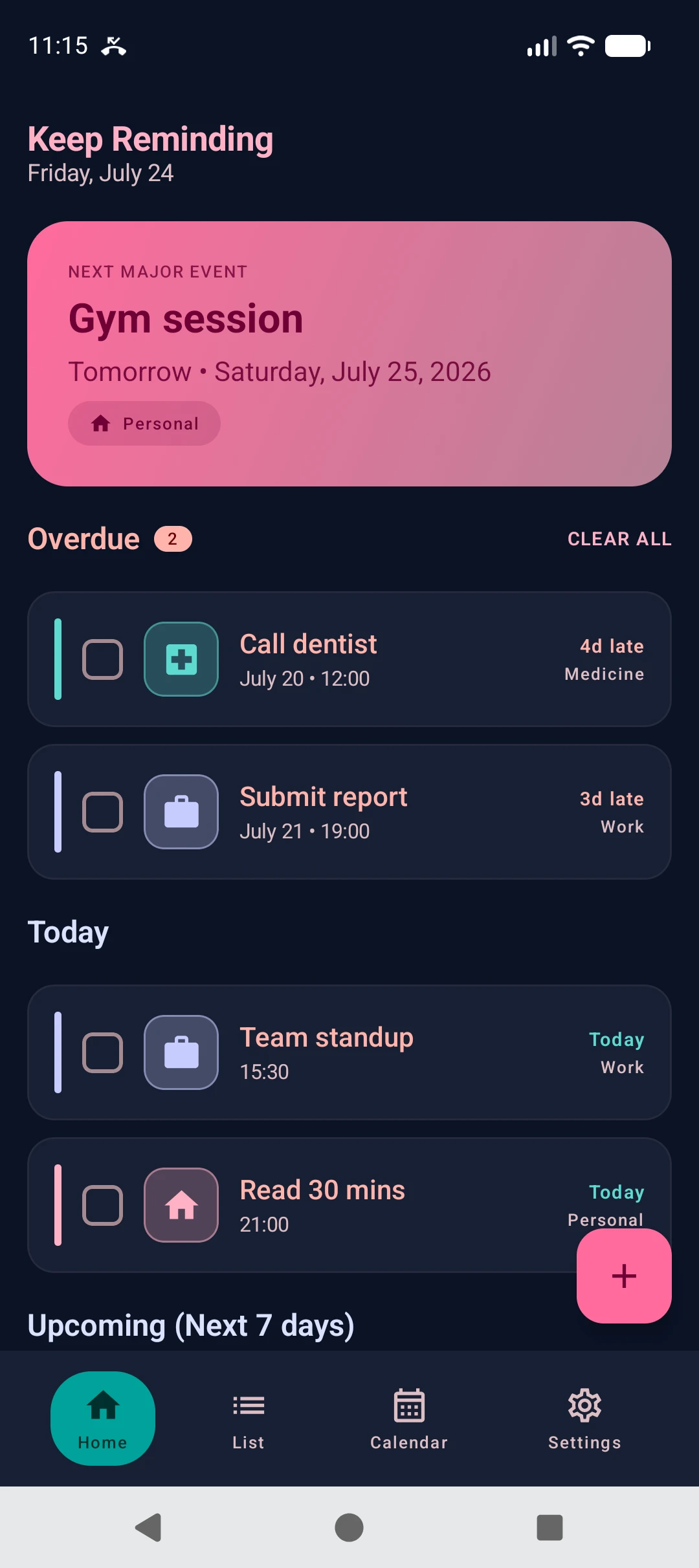 Keep Reminding home screen showing the next major event, overdue reminders, and today's tasks