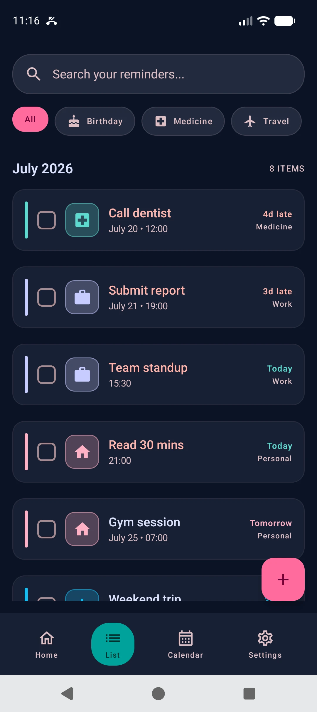 Keep Reminding list screen with search, category filters, and grouped reminders