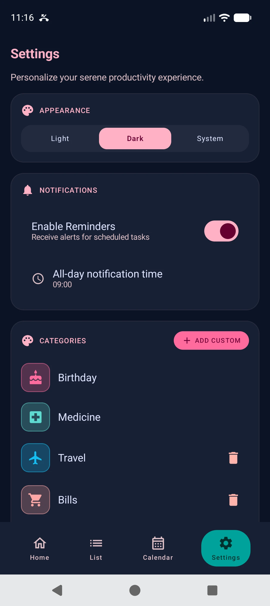 Keep Reminding settings screen with appearance, notifications, and custom categories